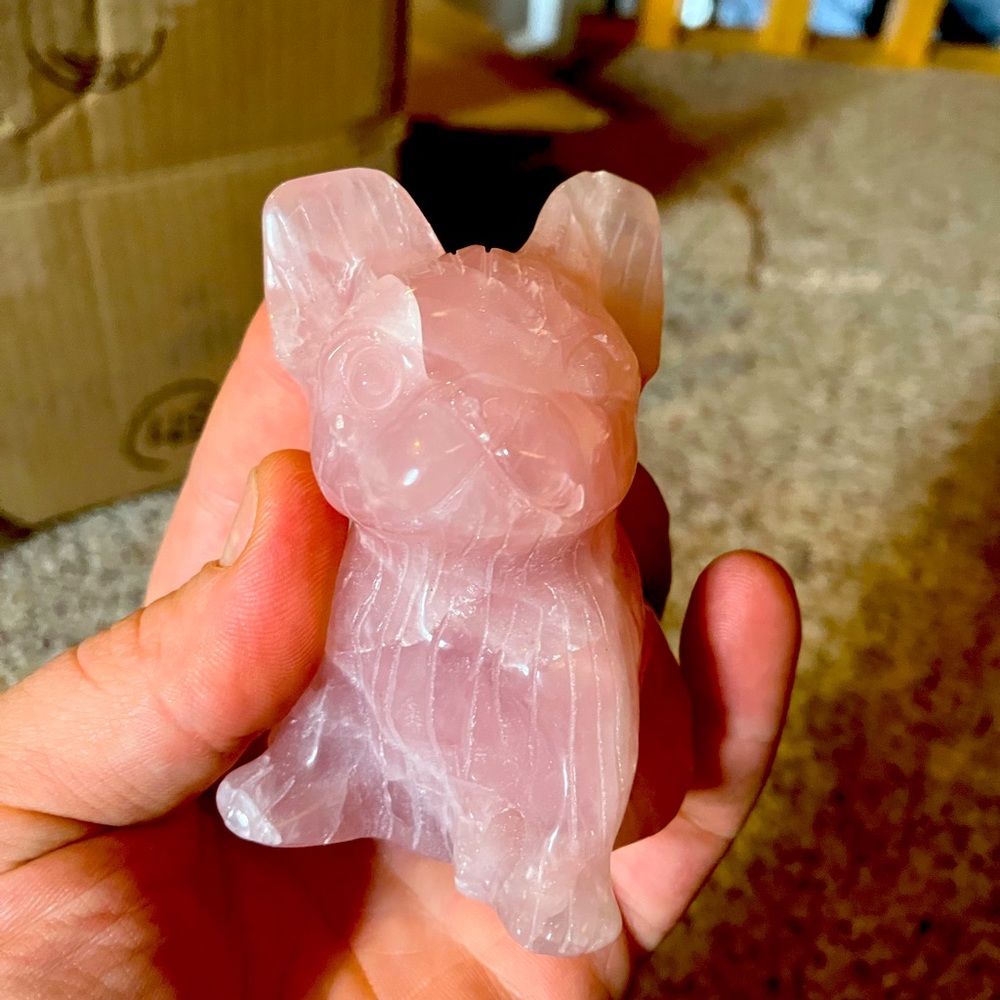 Pink quartz crystal French bull dog